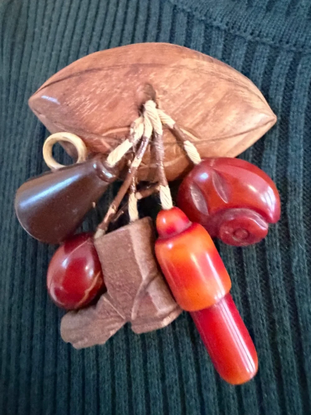 Rare Vintage 1940's Bakelite & Carved Wood Varsity Sports Figural Dangle Brooch